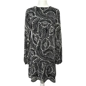 Loft NWT Black White Leaf Print Clip Dot Long Sleeve Shift Dress Size Small